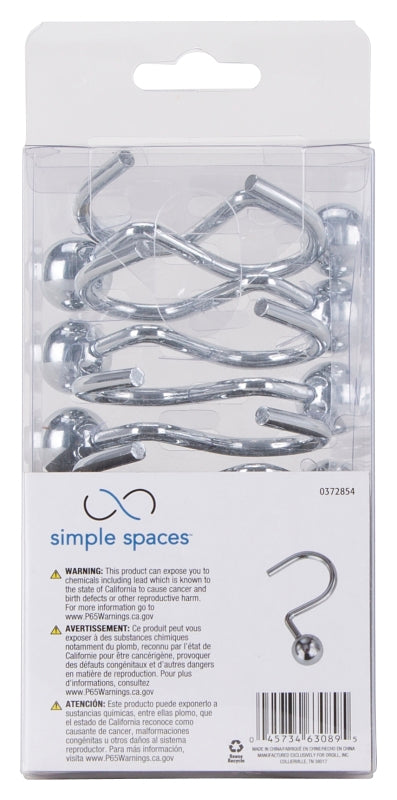 Simple Spaces SD-CBH-CH Ball Shower Curtin Hook, 1-1/16 in Opening, Steel, Chrome, 1-3/4 in W, 2-7/8 in H