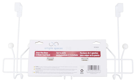 Simple Spaces SS-HG3-50-PE-3L Door Garment Hook, 6 lb, 3-Hook, Steel, Powder Coated, Hanging Mounting