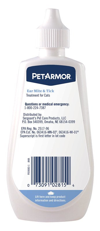 PetArmor 2815 Cat Ear Mite and Tick Treatment, Liquid, 3 oz Bottle