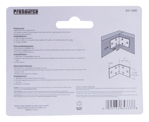 ProSource BH-605PS Corner Brace, 2 in L, 2 in W, 2 in H, Steel, Zinc-Plated, 2 mm Thick Material