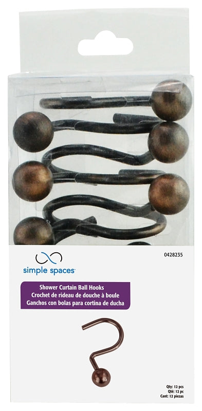 Simple Spaces SD-CBH-VB Ball Shower Curtin Hook, 1-1/16 in Opening, Steel, Venetian Bronze, 1-3/4 in W, 2-7/8 in H