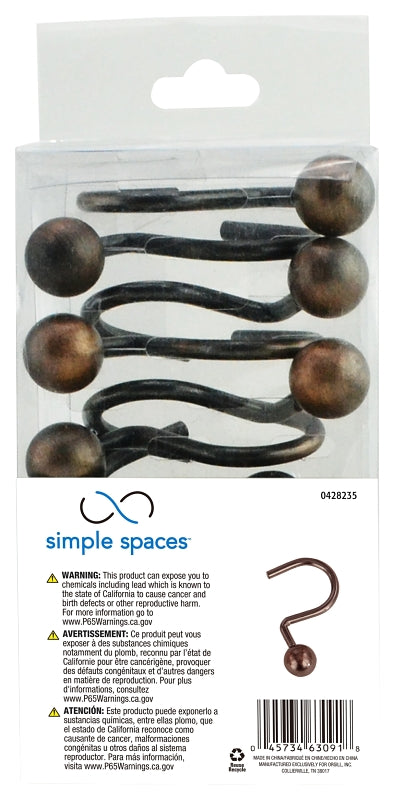 Simple Spaces SD-CBH-VB Ball Shower Curtin Hook, 1-1/16 in Opening, Steel, Venetian Bronze, 1-3/4 in W, 2-7/8 in H
