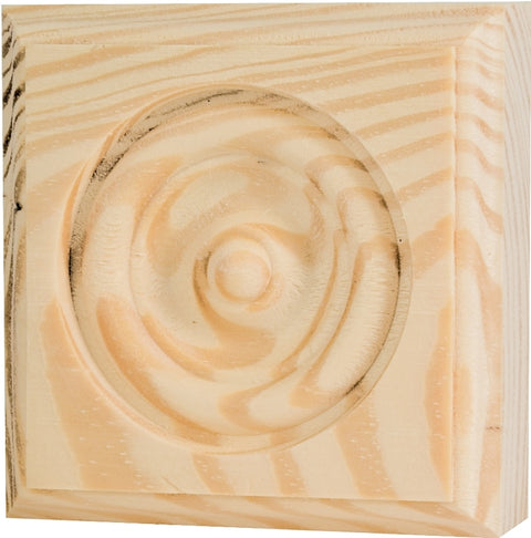 Waddell RTB25-36 Trim Block, 2-3/4 in H, 2-3/4 in W, Rosette Pattern, Pine Wood