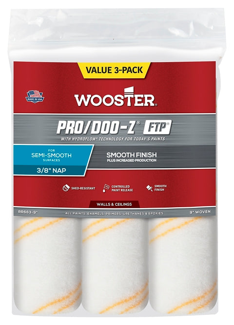 Wooster RR663-9 Roller Cover, 3/8 in Thick Nap, 9 in L, Woven Fabric Cover, White