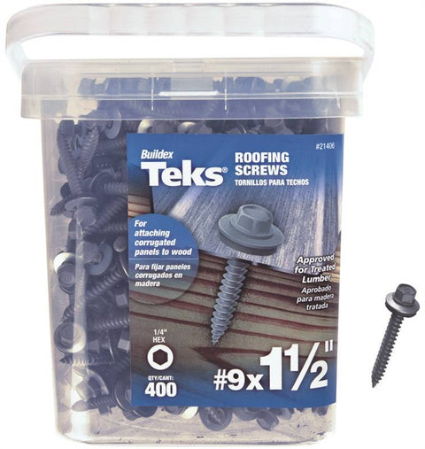 Teks 21406 Self-Tapping Roofing Screw, NO 9 x 1-1/2 in, Steel, Zinc Plated