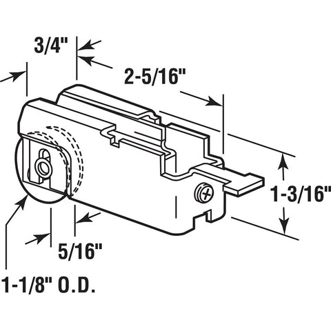 Prime-Line D 1524 Roller Assembly, 2-5/16 in L x 3/4 in W x 1-3/16 in H Dimensions, 1-1/8 in Dia Roller, Steel, K-Tab