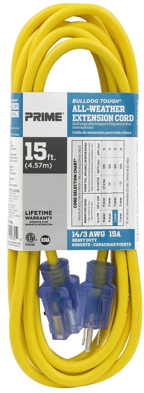 Prime LT511715 Extension Cord, 14/3 AWG Cable, 15 ft L, Yellow