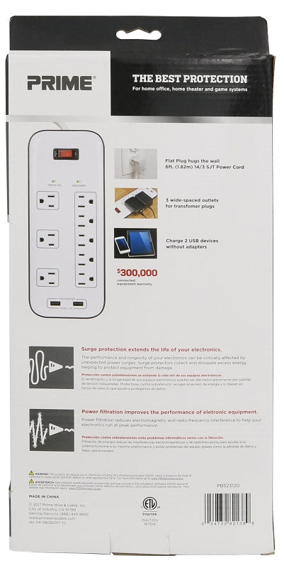 Prime PB523120 Surge Protector with USB Charger, 125 V, 15 A, 8 -Outlet, 2400 J Energy, White