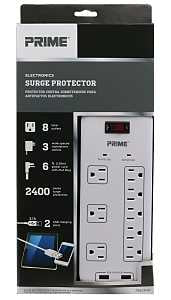 Prime PB523120 Surge Protector with USB Charger, 125 V, 15 A, 8 -Outlet, 2400 J Energy, White