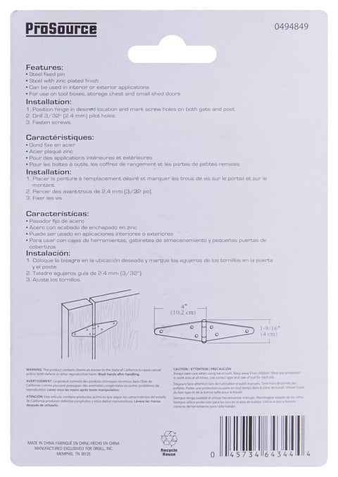 ProSource LSH-Z04-C2PS Strap Hinge, 1.4 mm Thick Leaf, Steel, 180 Range of Motion