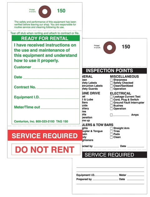 Centurion TAG150PT1 Rental Item Tag, READY-TO-RENT/SERVICE REQUIRED, 3-1/8 in W x 6-1/4 in H Dimensions