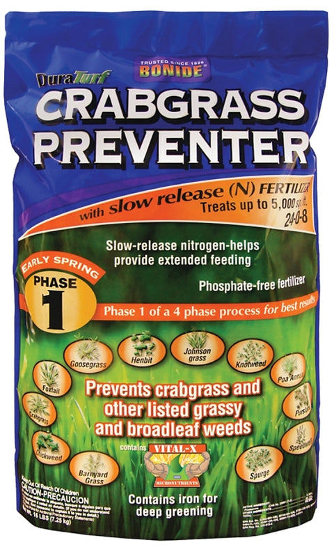 Bonide 60412 Crabgrass Preventer Fertilizer, 16 lb, Solid, 24-0-8 N-P-K Ratio