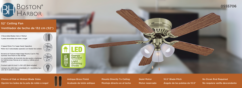 Boston Harbor CF-78049L Ceiling Fan Light Kit, 5-Blade, Antique Brass Housing, 52 in Sweep, MDF Blade, 3-Speed