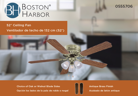 Boston Harbor CF-78049L Ceiling Fan Light Kit, 5-Blade, Antique Brass Housing, 52 in Sweep, MDF Blade, 3-Speed