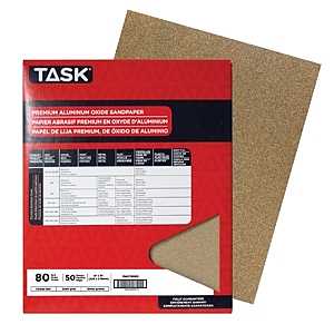 TASK PAO15080 Sandpaper, 11 in L, 9 in W, Medium, 80 Grit, Aluminum Oxide Abrasive, Paper Backing, Pack of 50