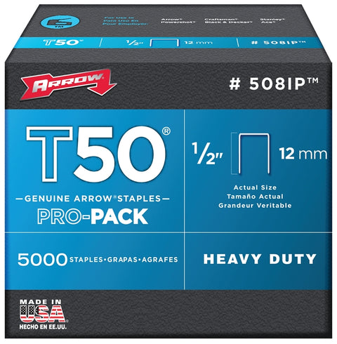 Arrow T50 Series 508IP Staple, For: ET50, ET50BN, ET50PBN Stapler, 3/8 in W Crown, 1/2 in L Leg