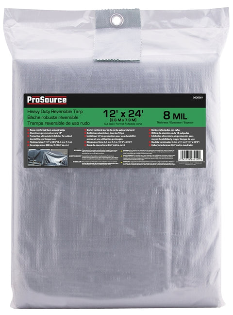 ProSource T1224GS140 Heavy-Duty Tarp, 24 ft L, 12 ft W, 8 mil Thick, Polyethylene, Green/Silver