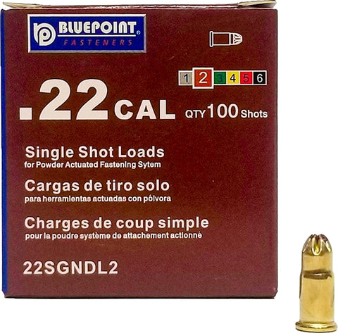 Blue Point Fasteners 22SGNDL2 Low Velocity Single Shot Load, 0.22 Caliber, Power Level: #2, Brown Code, 1-Load, Pack of 100
