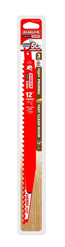 Diablo DS1203CP3 Reciprocating Saw Blade, Applicable Materials: Wood, 12 in L, 3 TPI, Carbide Cutting Edge, 3/PK