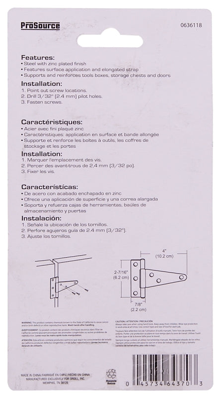 ProSource LTH-Z04-C2PS T-Hinge, Steel, Zinc, Fixed Pin, 180 deg Range of Motion, 26 (Pair) lb