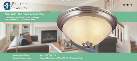 Boston Harbor BRT-ATE1013-SC Three Light Flush Mount Ceiling Fixture, 120 V, 60 W, 3-Lamp, A19 or CFL Lamp