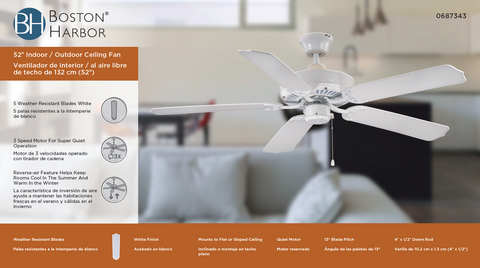 Boston Harbor CF-78092 Ceiling Fan, 5-Blade, White Blade, 52 in Sweep, ABS Blade, 3-Speed