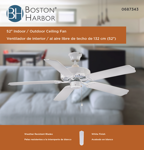 Boston Harbor CF-78092 Ceiling Fan, 5-Blade, White Blade, 52 in Sweep, ABS Blade, 3-Speed
