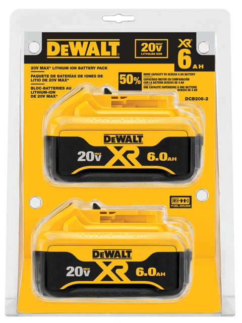 DEWALT DCB206-2 Battery Pack, 20 V Battery, 6 Ah, 1 hr Charging