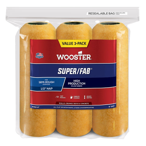 Wooster R740-9 Roller Cover, 1/2 in Thick Nap, 9 in L, Fabric Cover, Gold/Yellow