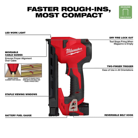Milwaukee M12 2448-21 Cable Stapler Kit, Battery Included, 12 V, 2 Ah, 2.65 in W Crown, 6-1/2 in L Leg, Medium Crown Staple