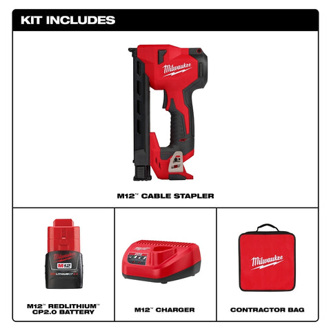 Milwaukee M12 2448-21 Cable Stapler Kit, Battery Included, 12 V, 2 Ah, 2.65 in W Crown, 6-1/2 in L Leg, Medium Crown Staple