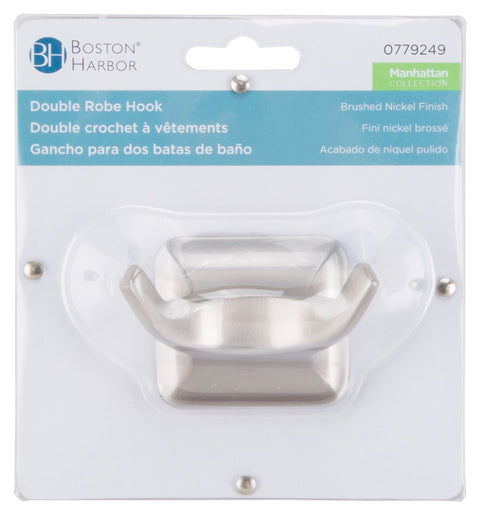 Boston Harbor 3653-07 Double Robe Hook, 2-Hook, Zinc, Brushed Nickel, Wall Mounting