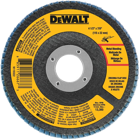 DEWALT DWA8207 Flap Disc, 4-1/2 in Dia, 7/8 in Arbor, Coated, 60 Grit, Medium, Zirconia Abrasive, Fiberglass Backing