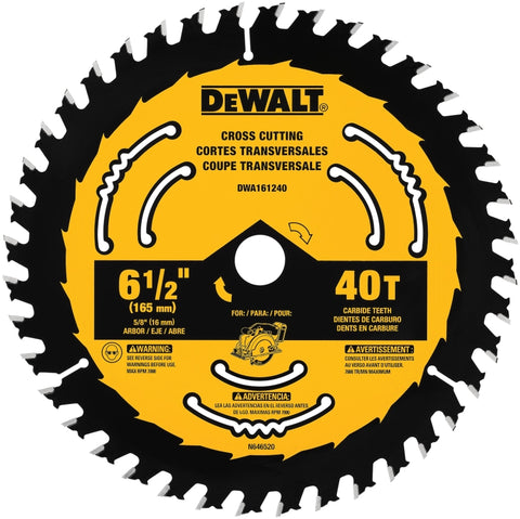 DEWALT DWA161240 Circular Saw Blade, 6-1/2 in Dia, 5/8 in Arbor, 40-Teeth