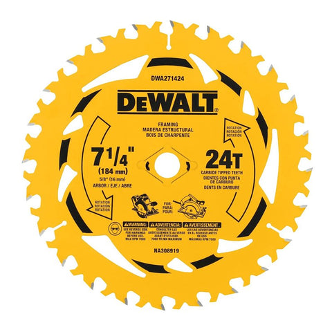 DEWALT DWA171424 Circular Saw Blade, 7-1/4 in Dia, 5/8 in Arbor, 24-Teeth, Tungsten Carbide Cutting Edge