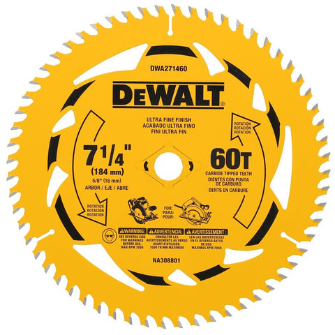 DEWALT DWA171460B10 Circular Saw Blade, 7-1/4 in Dia, 5/8 in Arbor, 60-Teeth, Tungsten Carbide Cutting Edge, Pack of 10