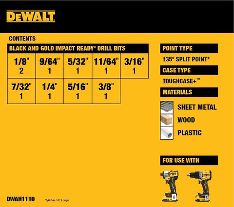 DEWALT DWAH1110 Drill Bit Set, 10-Piece, HSS