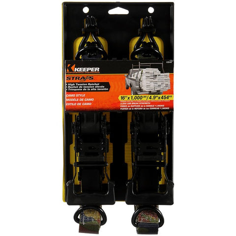 Keeper 03548 Tie-Down, 1-1/4 in W, 16 ft L, Camouflage, 1000 lb, J-Hook End Fitting