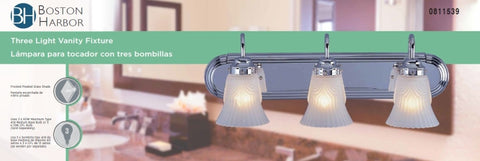 Boston Harbor RF-V-028-CH Vanity Light Fixture, 60 W, 3-Lamp, A19 or CFL Lamp, Steel Fixture, Chrome Fixture