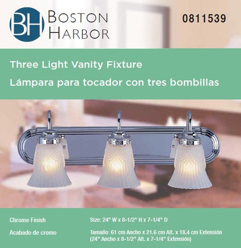 Boston Harbor RF-V-028-CH Vanity Light Fixture, 60 W, 3-Lamp, A19 or CFL Lamp, Steel Fixture, Chrome Fixture