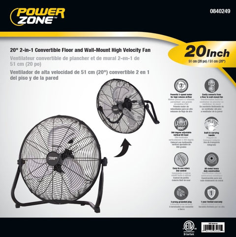 PowerZone LF-20 Floor Fan, 120 VAC, 20 in Dia Blade, 3-Blade, 3-Speed, 360 deg Rotating, Black