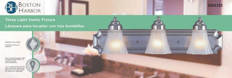 Boston Harbor RF-V-044-BN Vanity Light Fixture, 60 W, 3-Lamp, A19 or CFL Lamp, Steel Fixture, Brushed Nickel Fixture