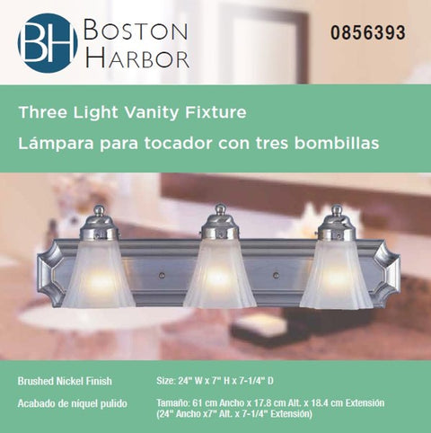 Boston Harbor RF-V-044-BN Vanity Light Fixture, 60 W, 3-Lamp, A19 or CFL Lamp, Steel Fixture, Brushed Nickel Fixture