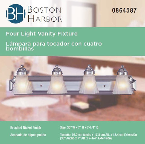Boston Harbor RF-V-042-BN Vanity Light Fixture, 60 W, 4-Lamp, A19 or CFL Lamp, Steel Fixture, Brushed Nickel Fixture