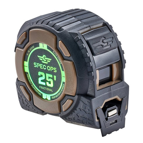 Spec Ops Elite Series SPEC-PTM25-F Fractional Tape Measure, 25 ft L Blade, 1-1/4 in W Blade, Steel Blade, ABS Case