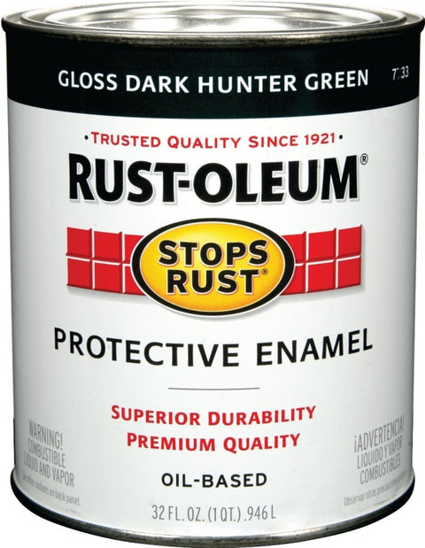Stops Rust 7733502 Enamel Paint, Oil Base, Gloss Sheen, Dark Hunter Green, 1 qt, Can, 50 to 90 sq-ft/qt Coverage Area