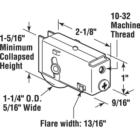 Prime-Line D 1554 Roller Assembly, 2-1/8 in L x 9/16 in W x 1 in H Dimensions, 1-1/4 in Dia Roller, 5/16 in W Roller