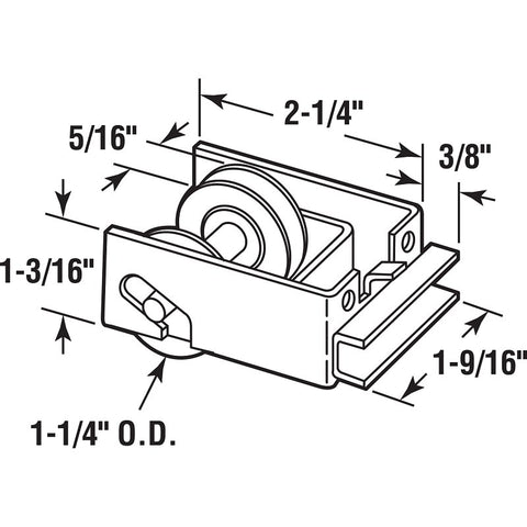 Prime-Line D 1548 Roller Assembly, 2-1/4 in L x 1-9/16 in W x 1-3/16 in H Dimensions, 1-1/4 in Dia Roller, Steel