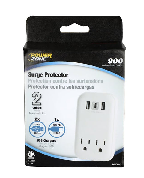 Powerzone ORSUC417 Surge Protector, 15 A, 125 V, 3-USB Port, 2-Outlet, White