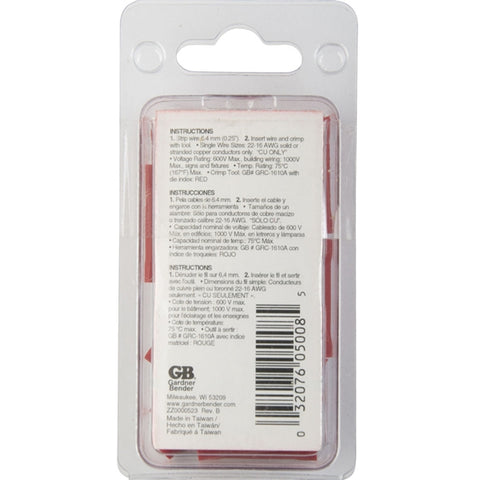 Gardner Bender 20-121 Crimp Butt Splice, 22 - 18 AWG, 600 V, Red